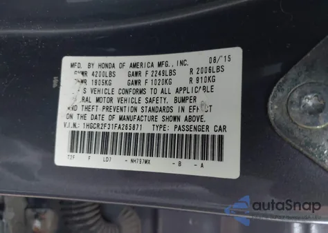 2015 Honda Accord Lx из США, поврежденный, VIN 1HGCR2F31FA265871